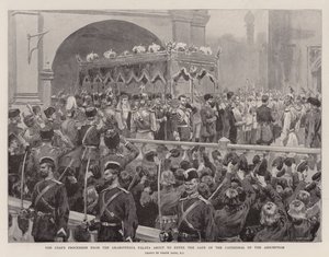 De Processie van de Tsaar van de Granovitaya Palata op weg naar de Poort van de Kathedraal van de Hemelvaart